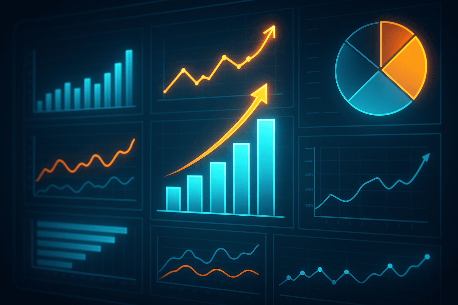 Abstract visualization of data analytics charts and graphs glowing on a screen, representing business growth insights.