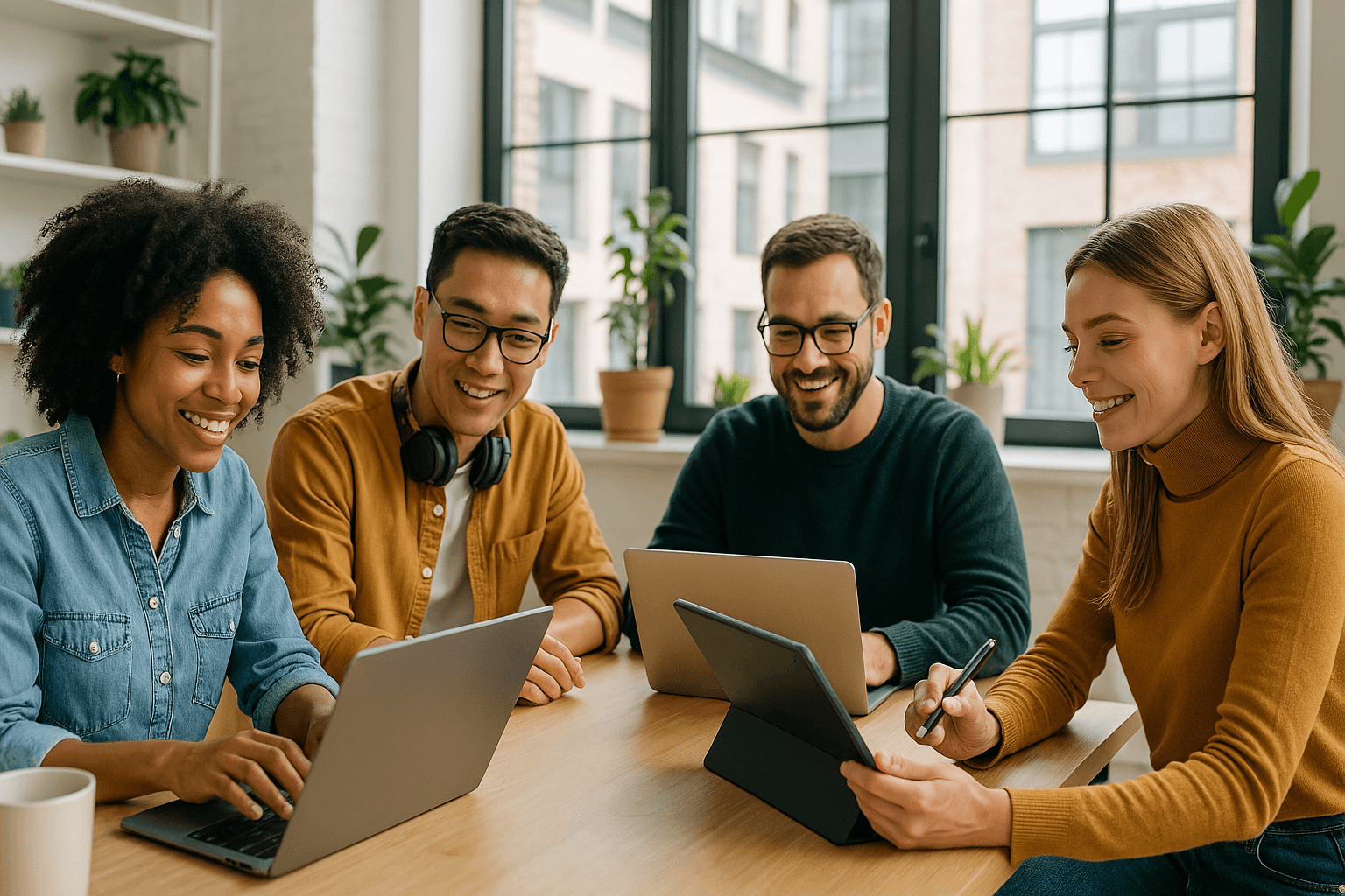 A diverse group of online entrepreneurs collaborating using various digital tools on laptops and tablets in a modern, bright co-working space.