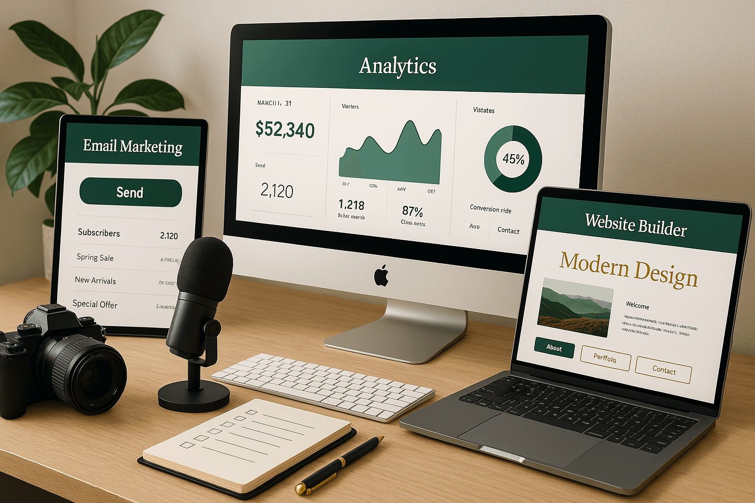 Collection of digital tools icons floating above a laptop screen