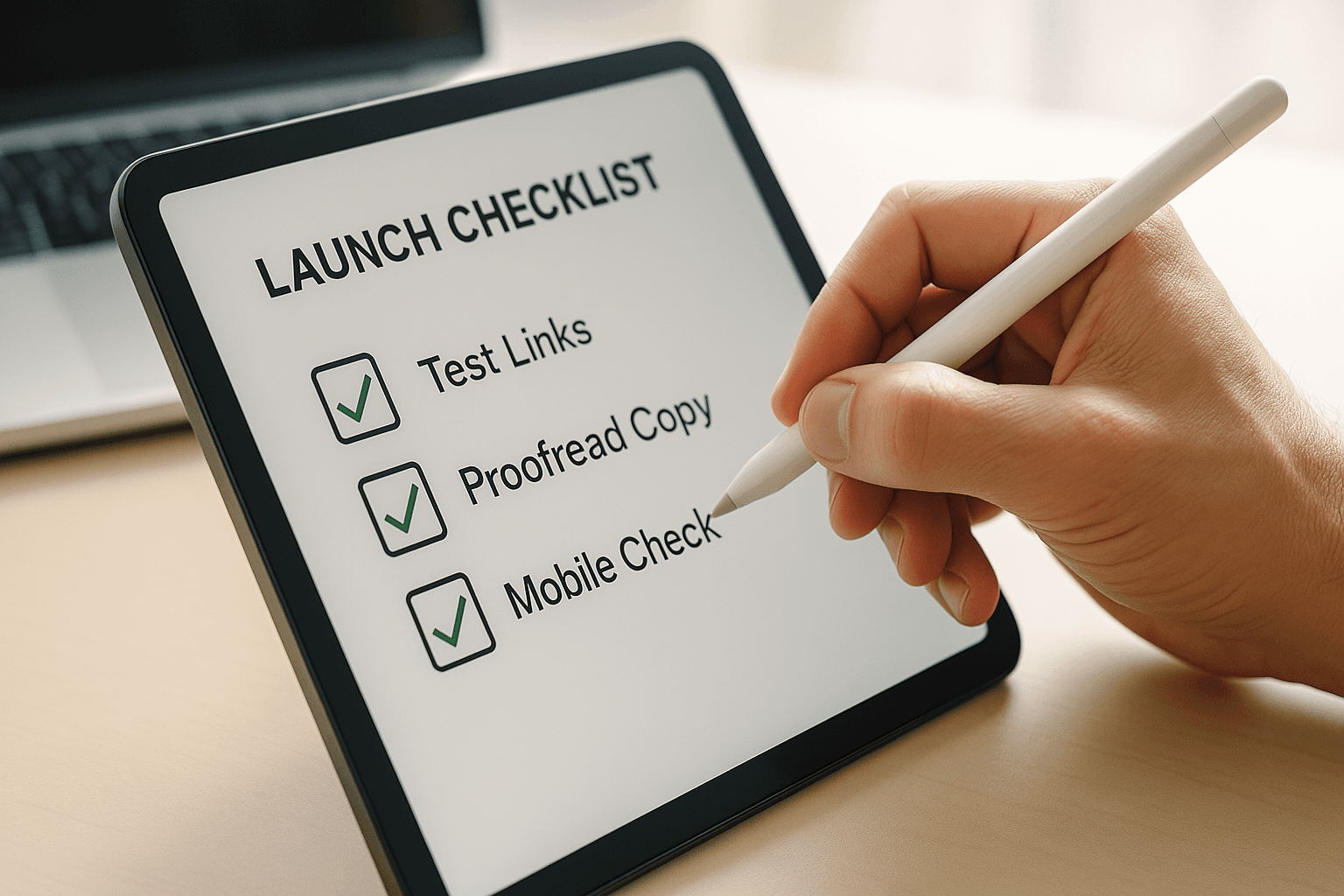 Person checking off items on a launch checklist on a tablet