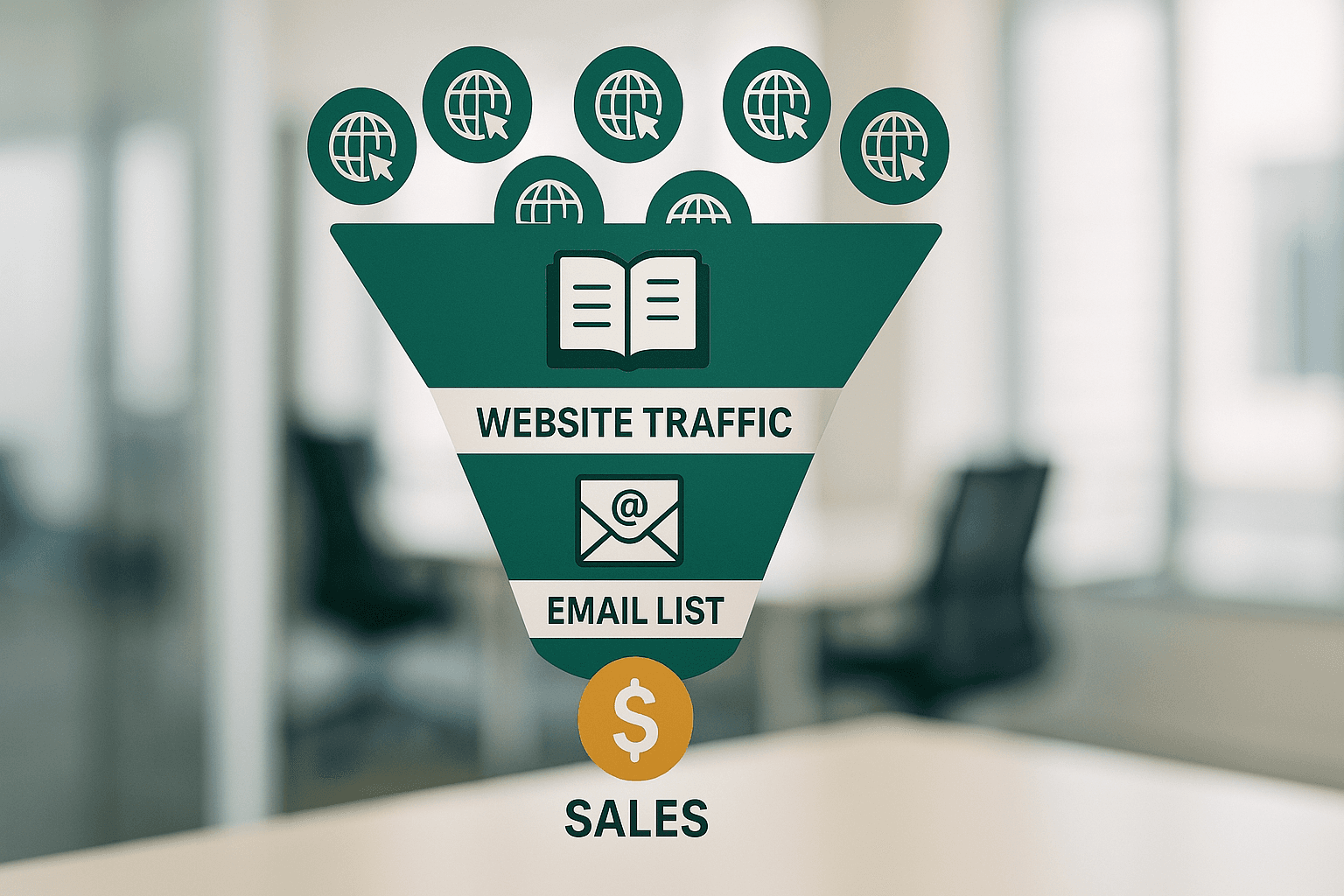 Diagram illustrating a simple marketing funnel: Traffic -> Lead Magnet -> Email List -> Sales