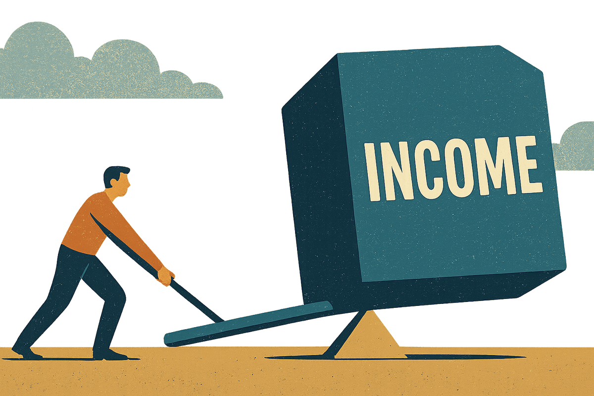 Stylized graphic of a person using a small lever to lift a large block labeled INCOME