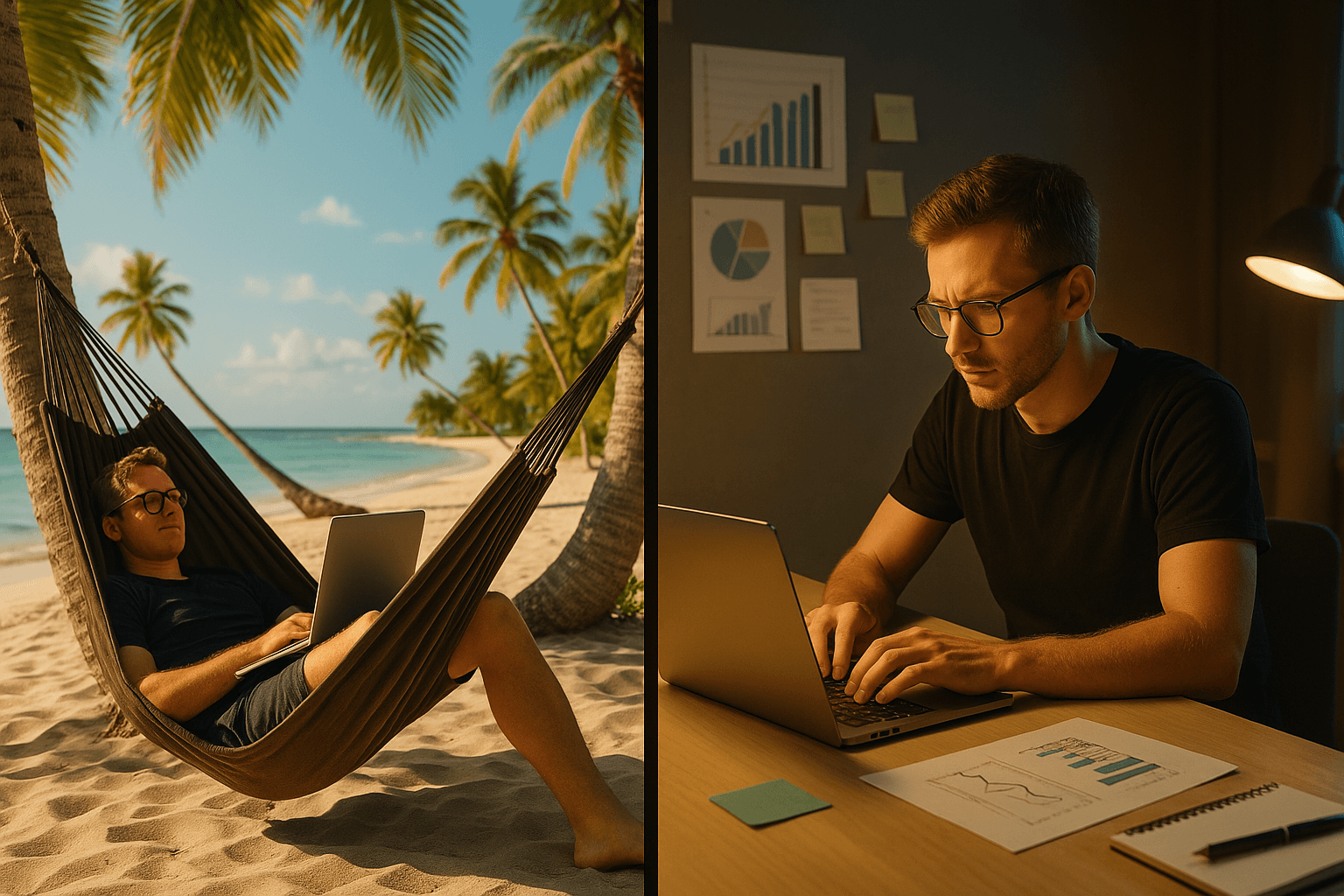 Split screen: Left shows carefree beach scene, Right shows focused desk work