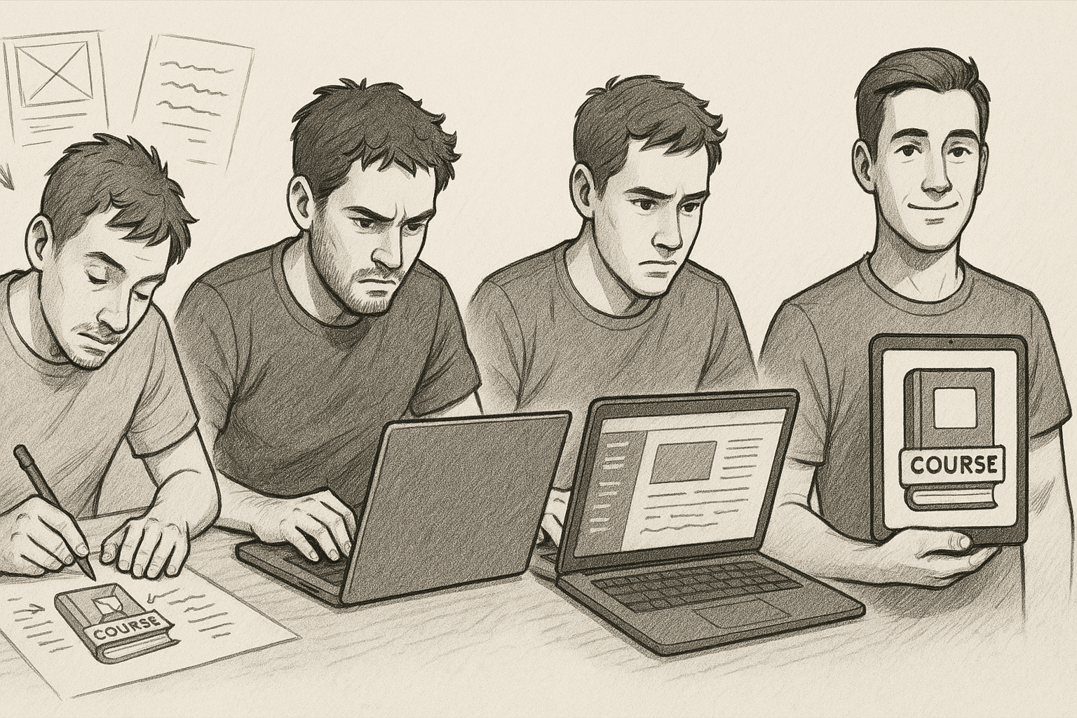 Time-lapse illustration showing stages of building a digital asset