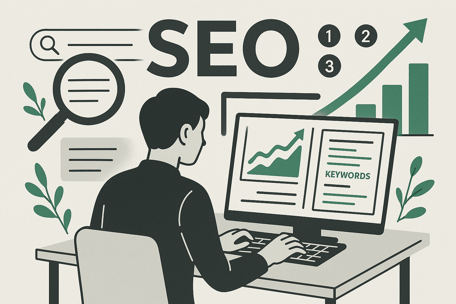 Person writing content on a laptop with SEO keyword research visible