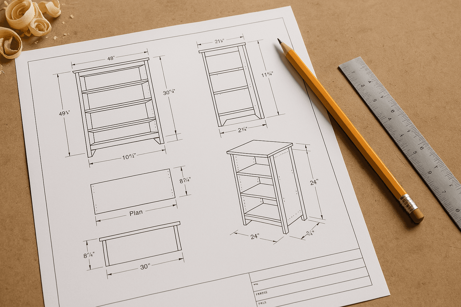 Image showing examples of digital woodworking plans on a screen or printed out.
